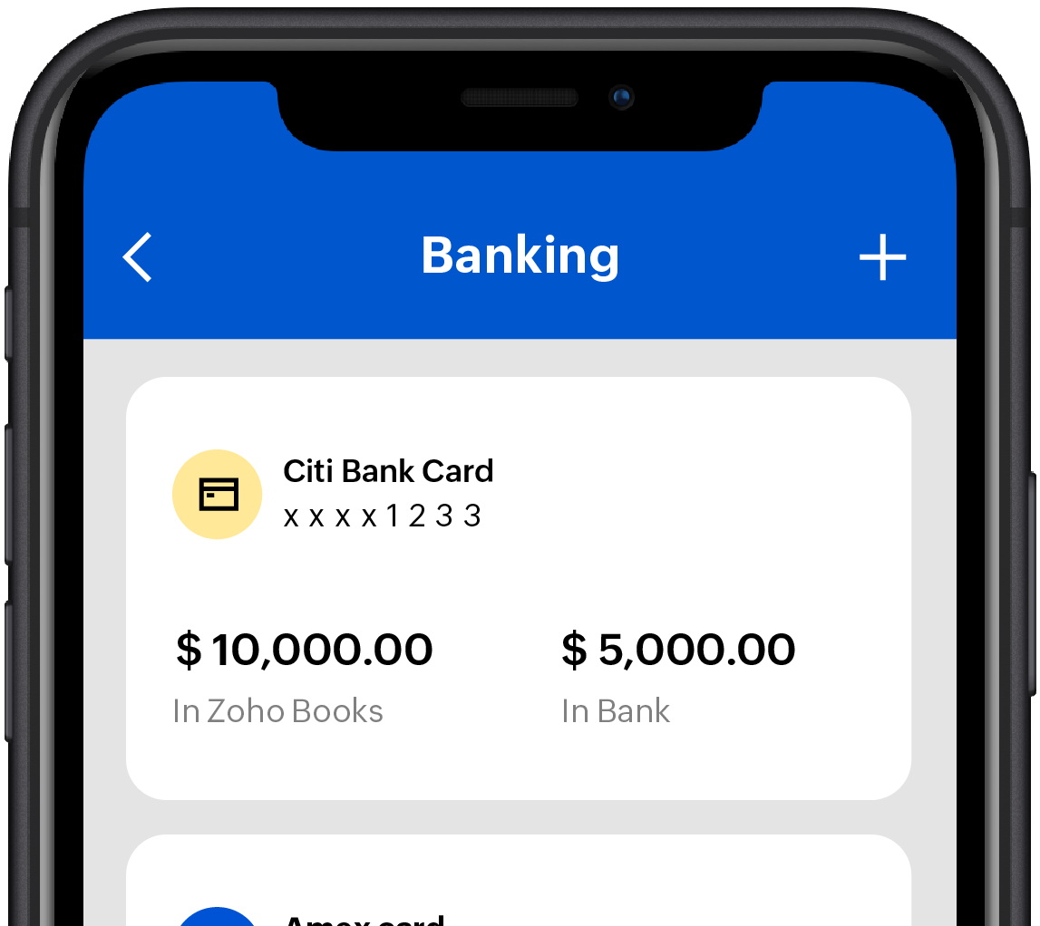 Zoho Books mobile app interface shows the banking module